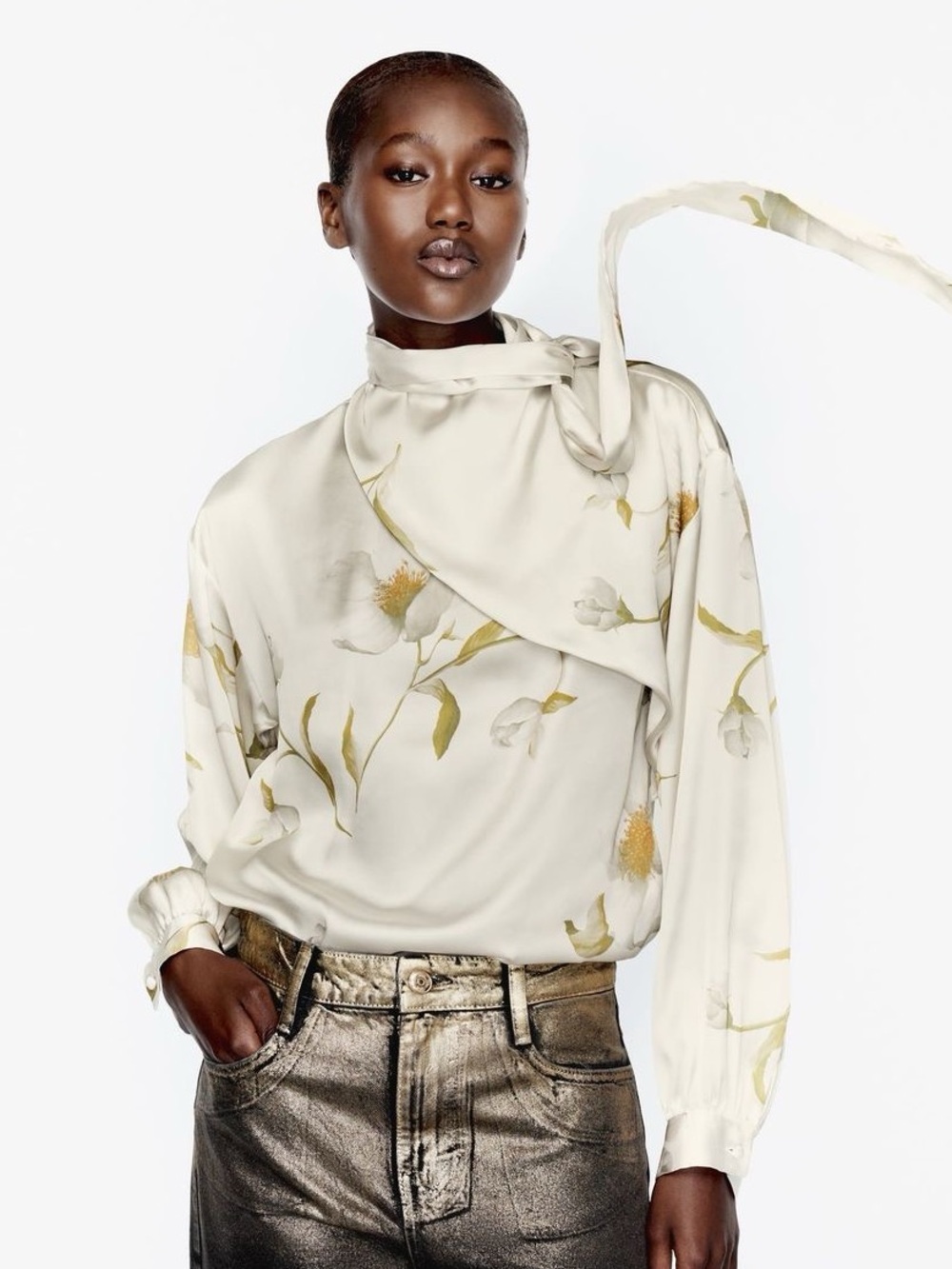 Zara Printed Satin Blouse Asymmetric Neck Draped Floral Ecru Large